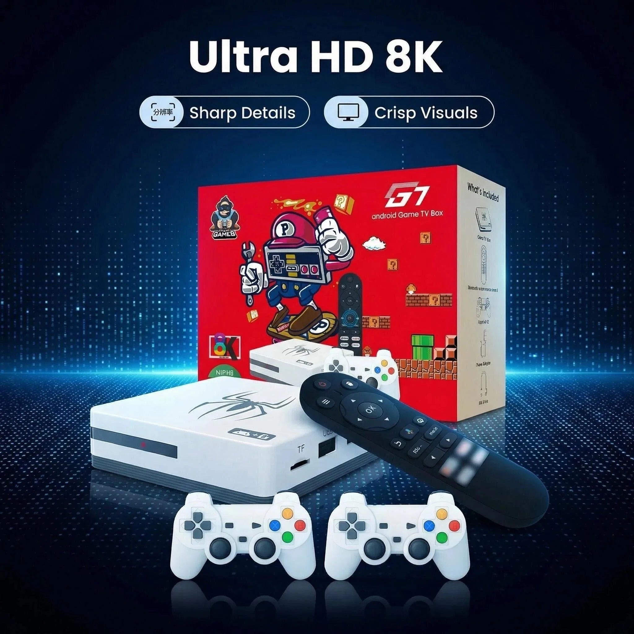 home gaming consoles G7,G8 8K 3D, supports two players, 60000 classic retro arcade games, includes 2.4G wireless controllers. Main image