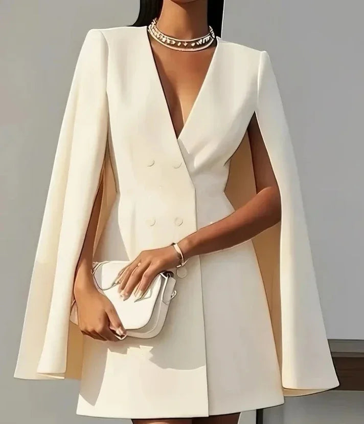 Women Dresses 2025 Spring Autumn New Commuting Double Breasted Shawl Cape Solid Color V-Neck Mini Dress Fashion Women's Clothing Main image
