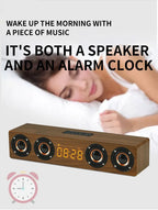 Domars Wireless Bluetooth 5.0 Speakers Wooden Alarm Clock Display Sound System Player with AUX TF FM Radio Subwoofer Box