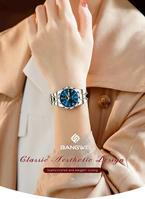 BANGWEI Elegant Luxury Quartz Woman Watch Fashion Classic Simple Stainless Clocks Auto Date Waterproof Diamond Ladies Wristwatch