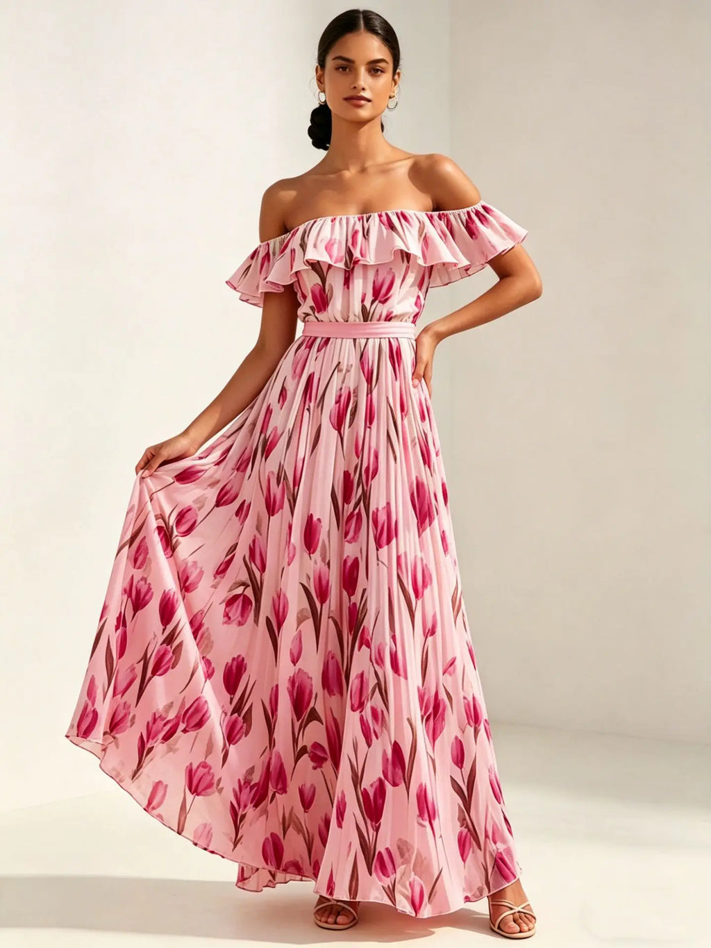 2026 summer off-the-shoulder tulip print plus size slimming square neck maxi dress
