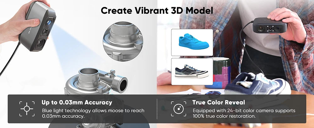 3DMakerpro Moose 3D Scanner, 0.03mm Accuracy, 0.07mm Resolution, Blue LED Light Source, Al Visual Tracking, 24-bit Color Camera
