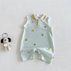 2026 New Summer 0-2Y Baby Clothes Cartoon Print Sleeveless Polo Romper Breathable Mesh Fabric with Placket Snap Closure