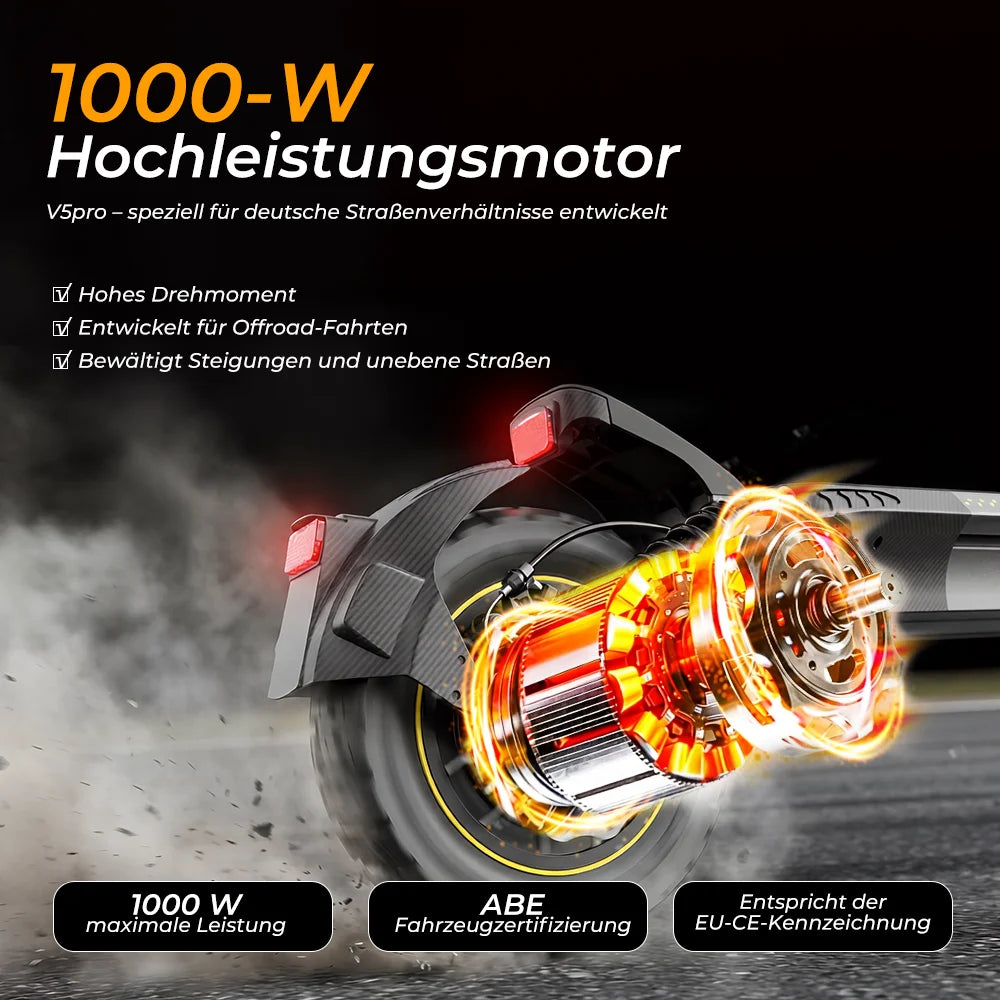 V5Pro Offroad E Scooter 10 Zoll ABE zertifiziert 500W 48V12.5Ah Geländereifen Dual Federung E Bremse Voltix APP Deutschland