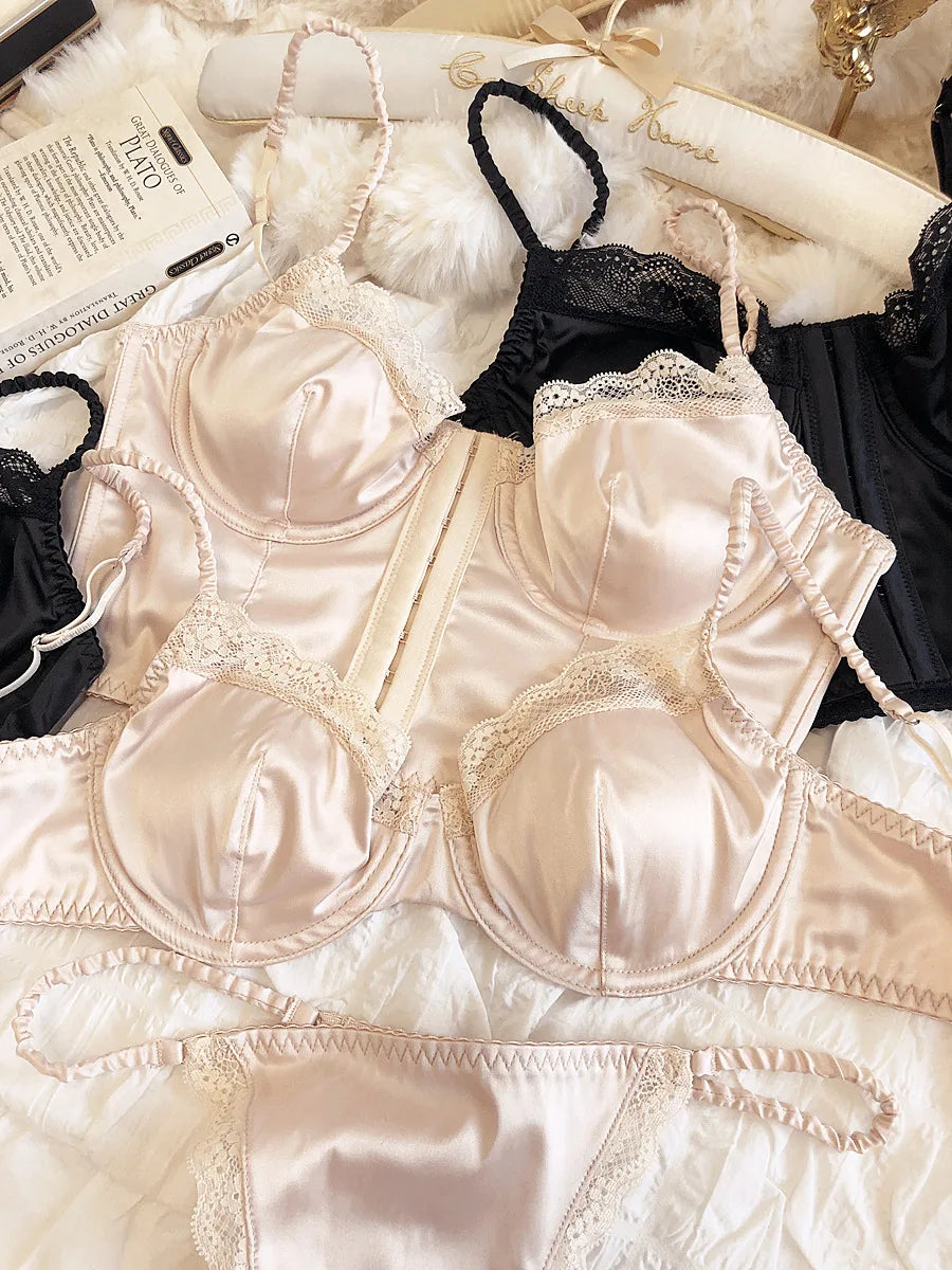 Summer Women Lingerie Set French Sexy Lace Ultra Thin Bra Set Silk Fabric Comfort Adjustable Strap Bralette Thongs Underwear Set