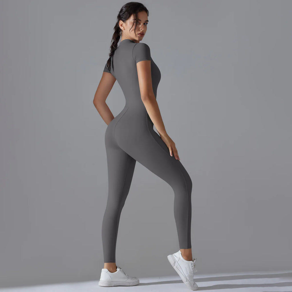 Naked zipper short sleeved yoga suit jumpsuit, quick drying breathable outdoor sports tight fitting jumpsuit, fitness suit