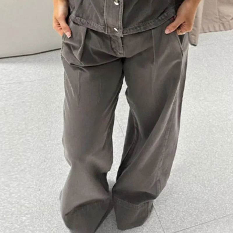Denim Vest Loose Long Pants Woman Set High Neck Single Breasted Waist Cinched Tops High Waist Trousers Chic Casual Lady New Sets