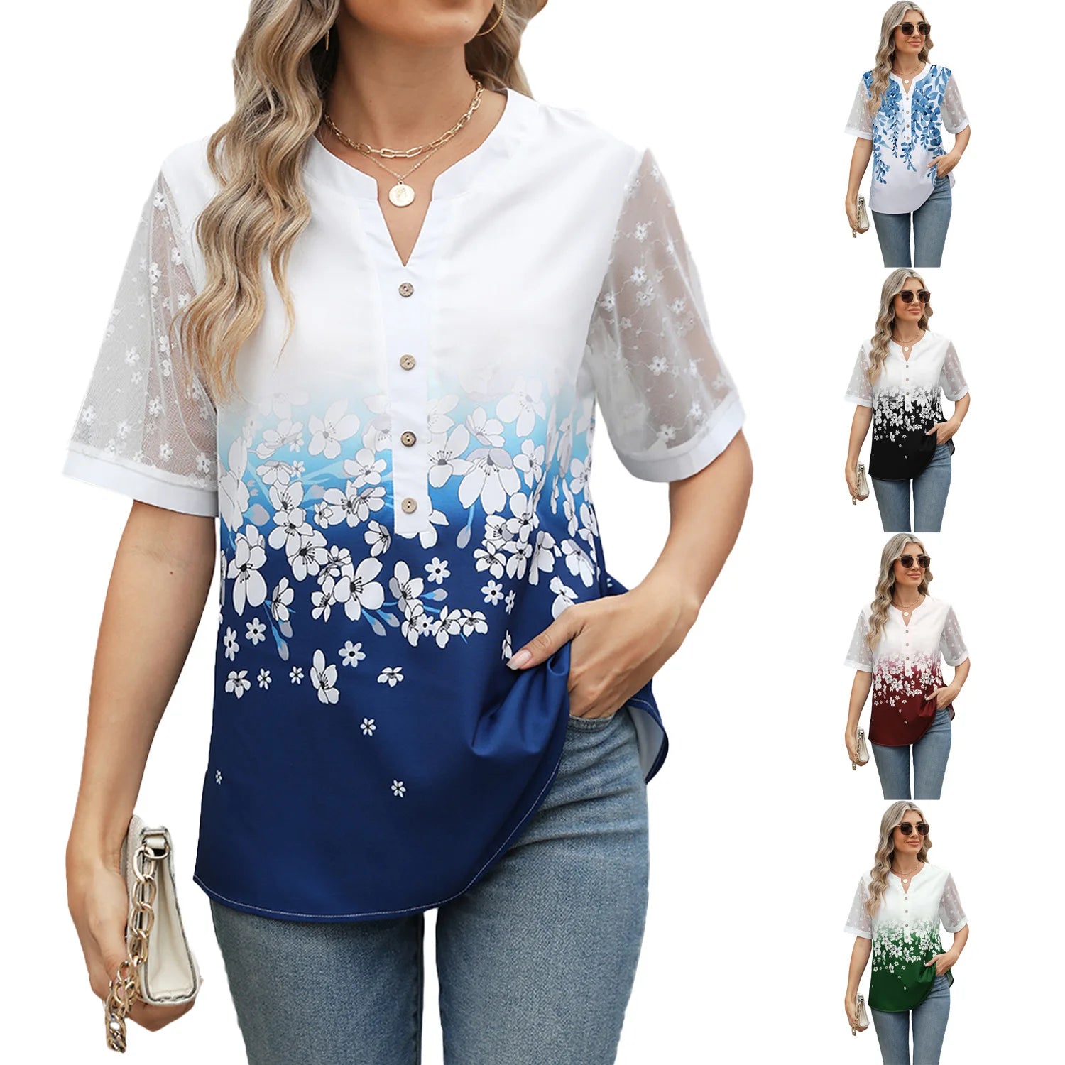 Summer Shirts Women Lace Patchwork Short Sleeve Blouse Flower Print Clothing Fashion Street Casual Daily V-Neck Button Tops 2025 Main image