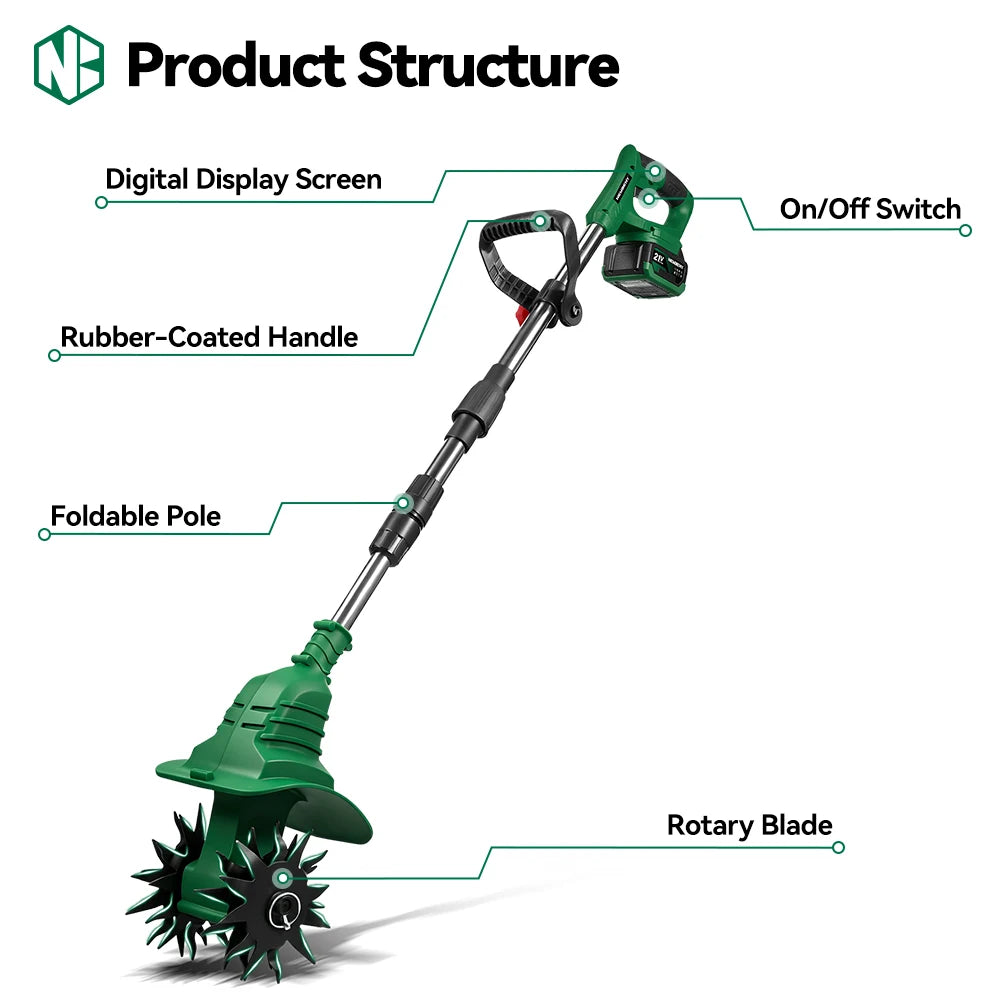 NewBeny Electric Garden Tiller Cultivator Scarifier Foldable Rototiller Soil Loosener Garden Tool