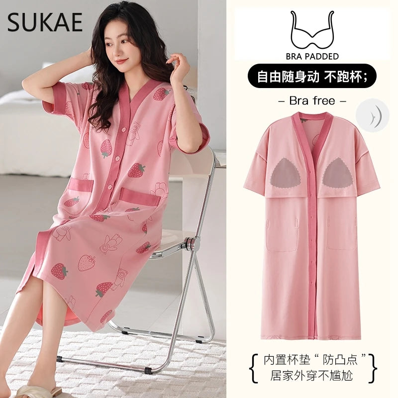 SUKAE Midi Nightdress M-5XL V-neck Bra Padded Botton Sleepshirt Plus Size Cotton Nightgowns Summer Women Short Sleeves Nightgown Secondary image