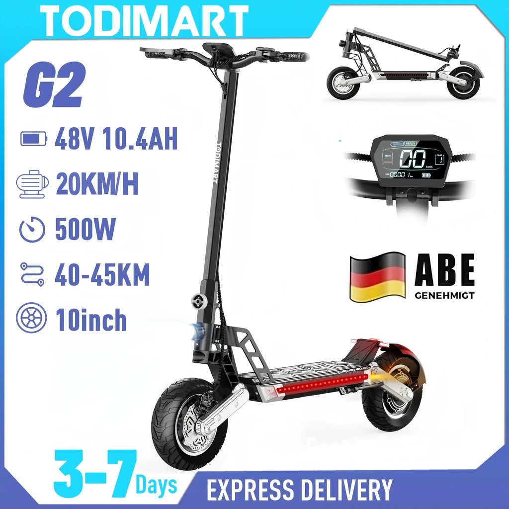 TODIMART G2 ABE E Scooter, 48V 13AH, 500W, 40-45KM range, 20km/h, Dual shock absorbers, dual disc brakes, 10-inch off-road tire
