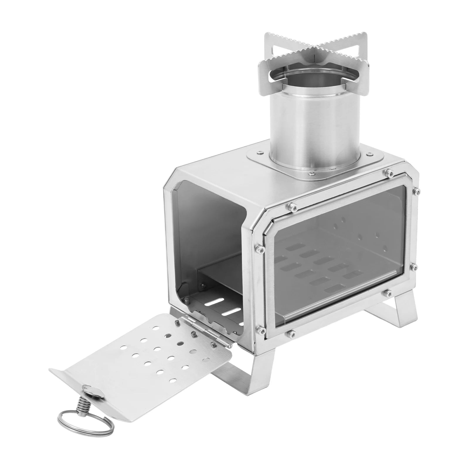 Portable Camping Wood Stove, Mini Stainless Steel Fire Pit for Outdoor Cooking, Hiking, BBQ, with Glass Window & Airflow Vents