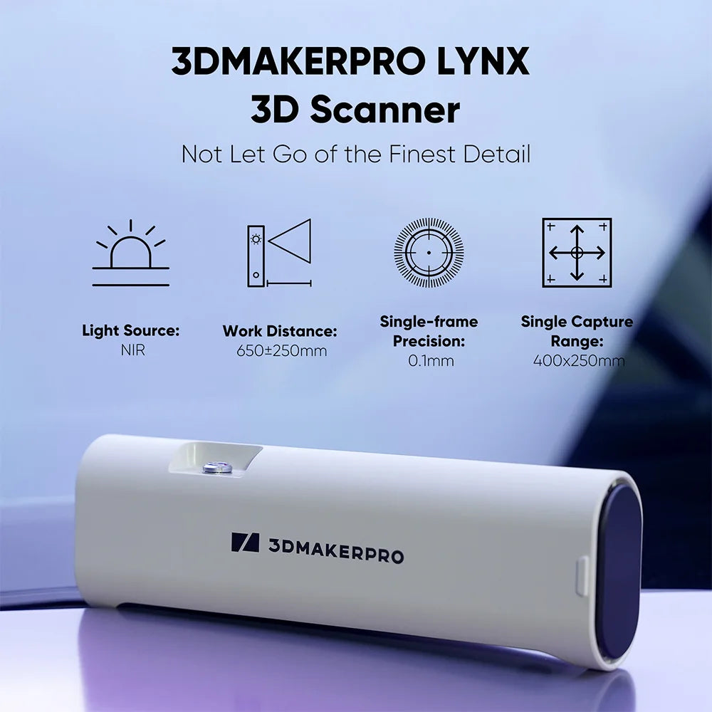 3DMakerpro Lynx 3D Scanner Luxury Edition, 0.10mm Accuracy, 0.30mm Resolution, 10fps Frame Rate, Class 1 White Light, Visual Tracking, 250x400mm Single Capture Range