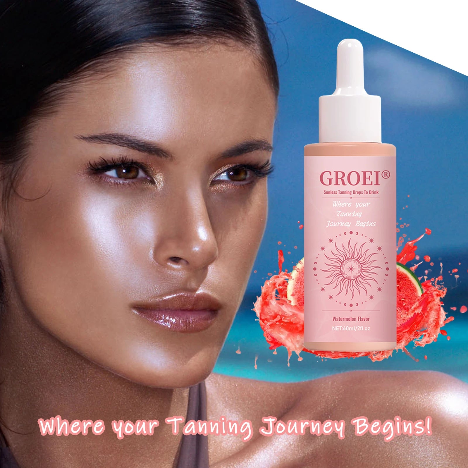GROEI 60ml Sunless Tanning Drops to Drink - Natural Watermelon Flavor, No Sunlight Needed, Easy-to-Use Skin Glow Solution Main image