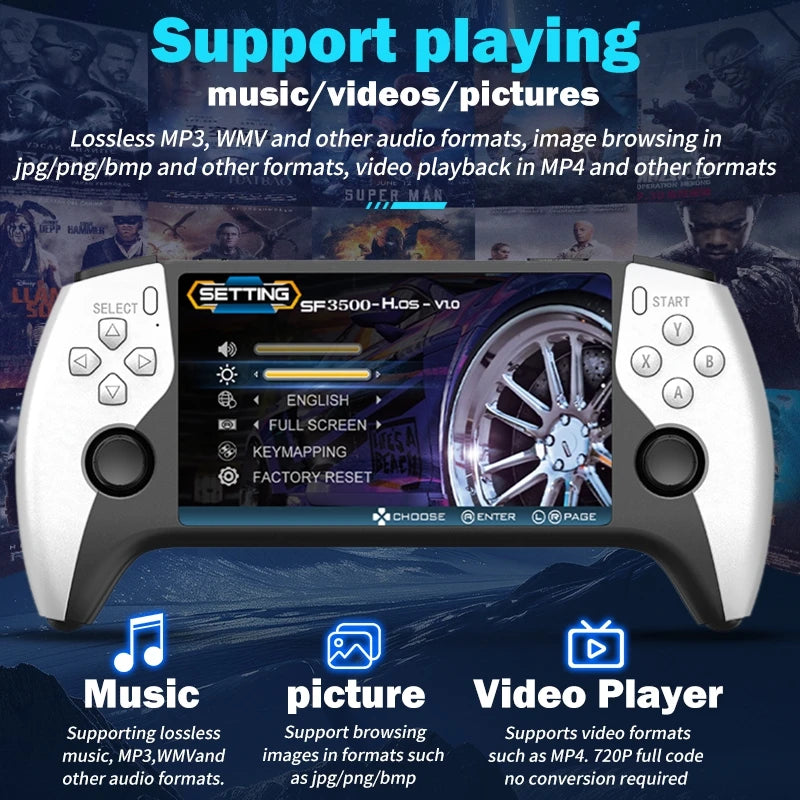 SF3500 Retro Handheld Video Game Console Linux System 5.0 Inch 854*480 IPS Screen 3000mAh Portable Pocket Video Player Games