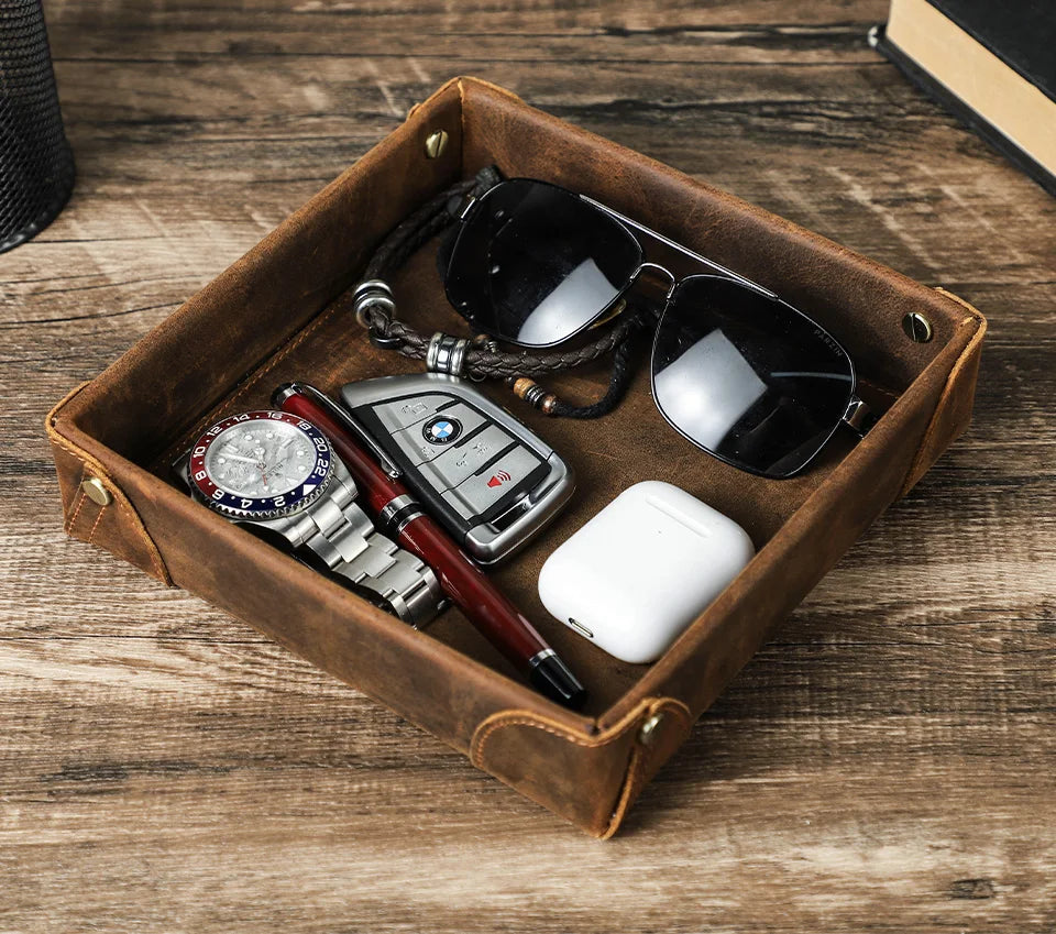 Retro Genuine Leather Storage Tray Desktop Organizer For Key Jewelry Coins Cable Cosmetic Storage Box Home Decoration