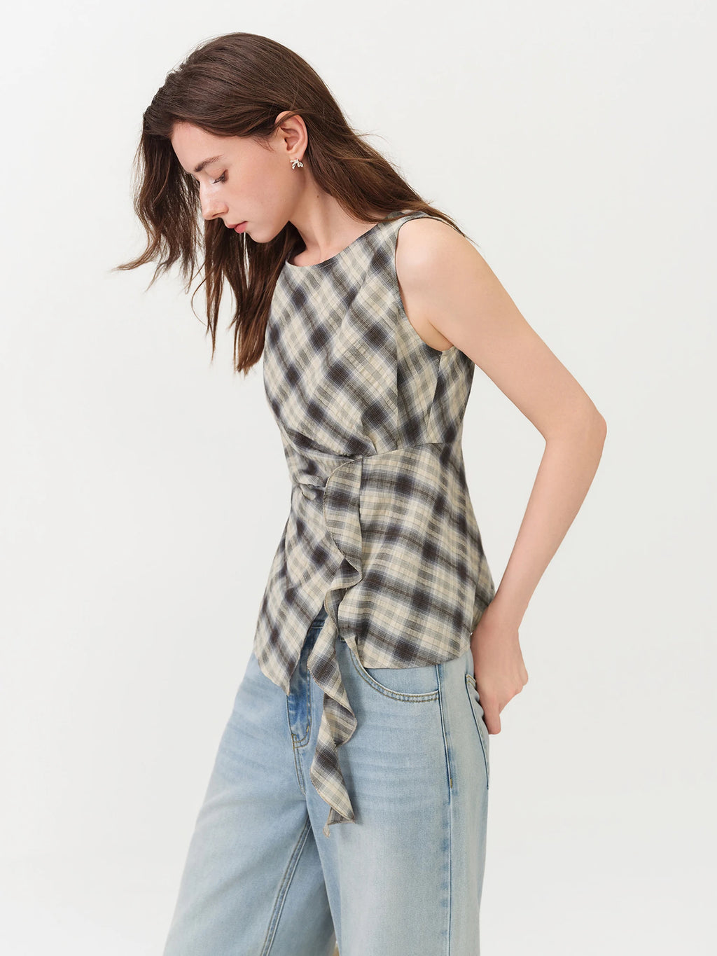 FSLE Retro Plaid Round Neck Slim Waist Sleeveless Shirt for Women New Summer 2026 Style with Ribbon Korean Style Y2k