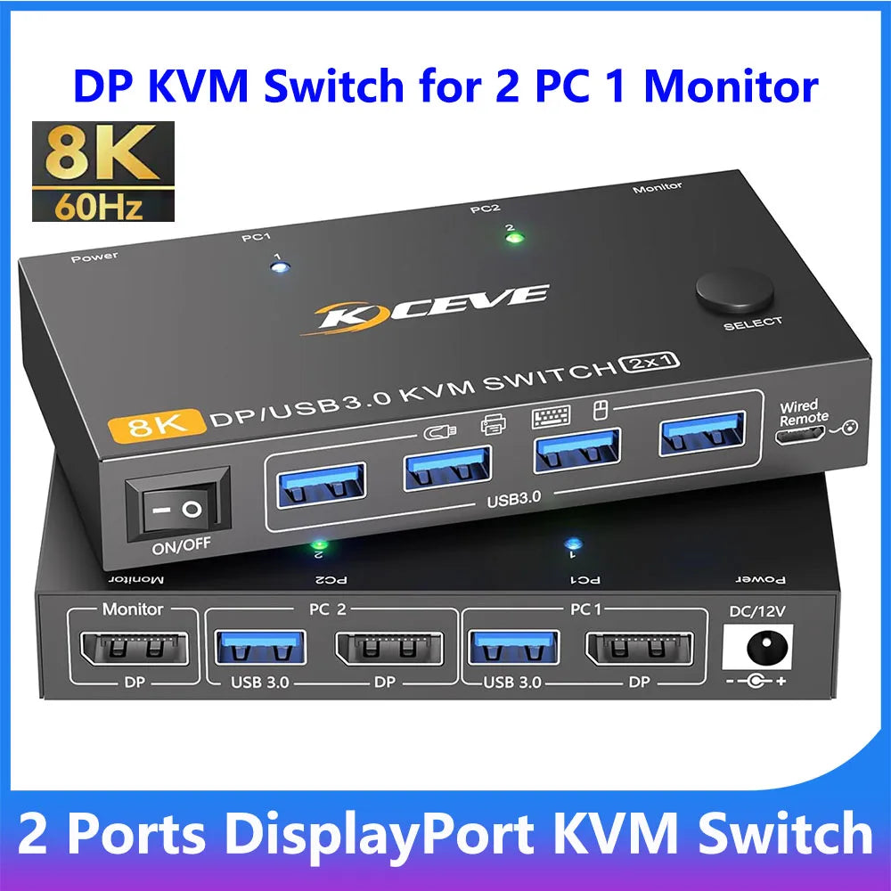 KCEVE 8K DisplayPort KVM Switch 2 Computers 1 Monitor ,8K@60Hz/4K@240Hz DP KVM Switch for 2 PC 1 Monitor to Share Mouse,Keyboard