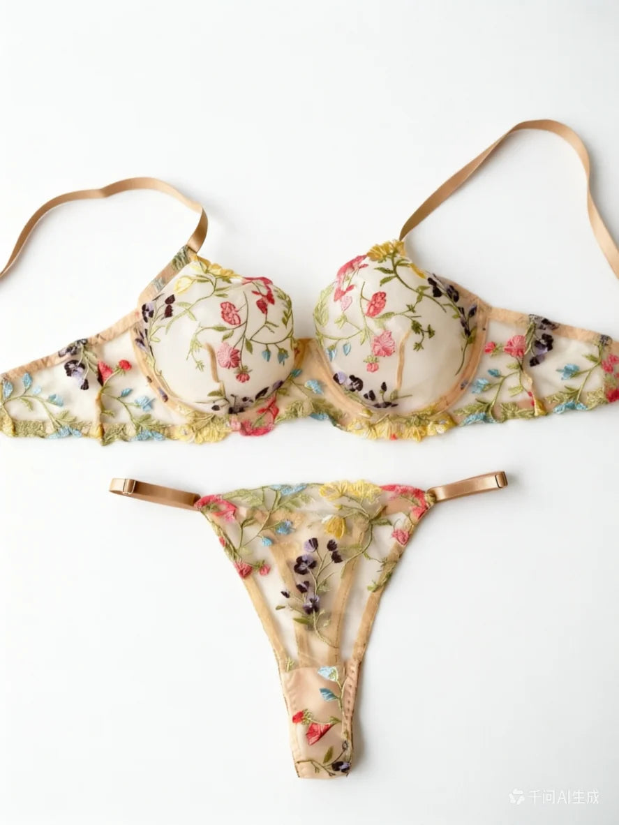 Yimunancy Floral Embroidery Lingerie Set Women Sheer 2-Piece Boho Bra + Panty Underwear Set Intimates Main image
