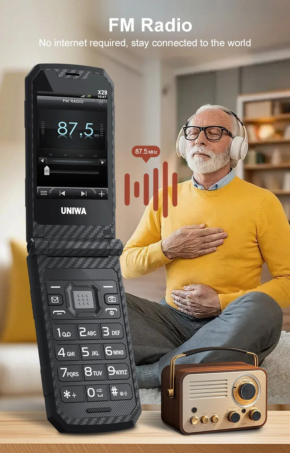 UNIWA X29 GSM Flip Phone 2.8 Inch Double Screen Dual SIM Big Font Big Button For Senior 2000mAh Wireless Radio  Russian Keyboard