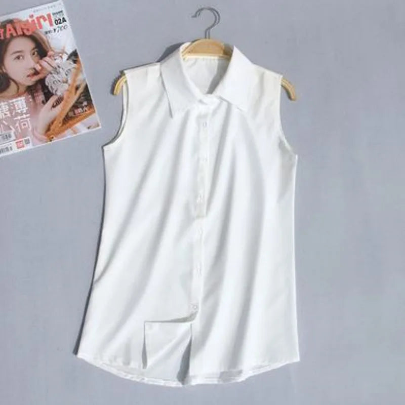 #2503 Woman Tops And Blouses Sleeveless Shirt Women Summer Thin Vest Pullover Button Basic Top Chiffon Red White Black Polo Neck