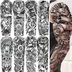 1 Sheet Full Arm Compass Zeus Skull Tiger Lion Flower Temporary Tattoos Sleeve For Men Women Adults Fake Temp Sticker Tattoo