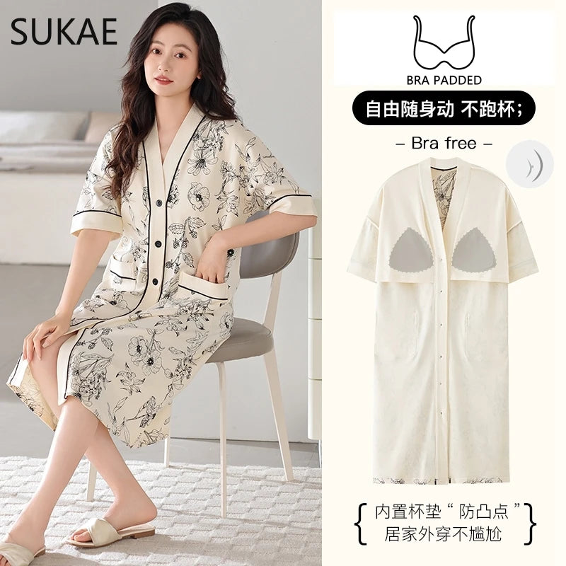 SUKAE Midi Nightdress M-5XL V-neck Bra Padded Botton Sleepshirt Plus Size Cotton Nightgowns Summer Women Short Sleeves Nightgown