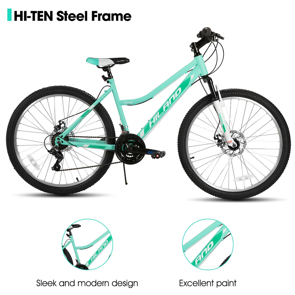 Hiland 26 Inch Women's Mountain Bike, 18-Speed with Front Suspension Fork, Dual Mechanical Disc Brakes, Aluminum Frame MTB