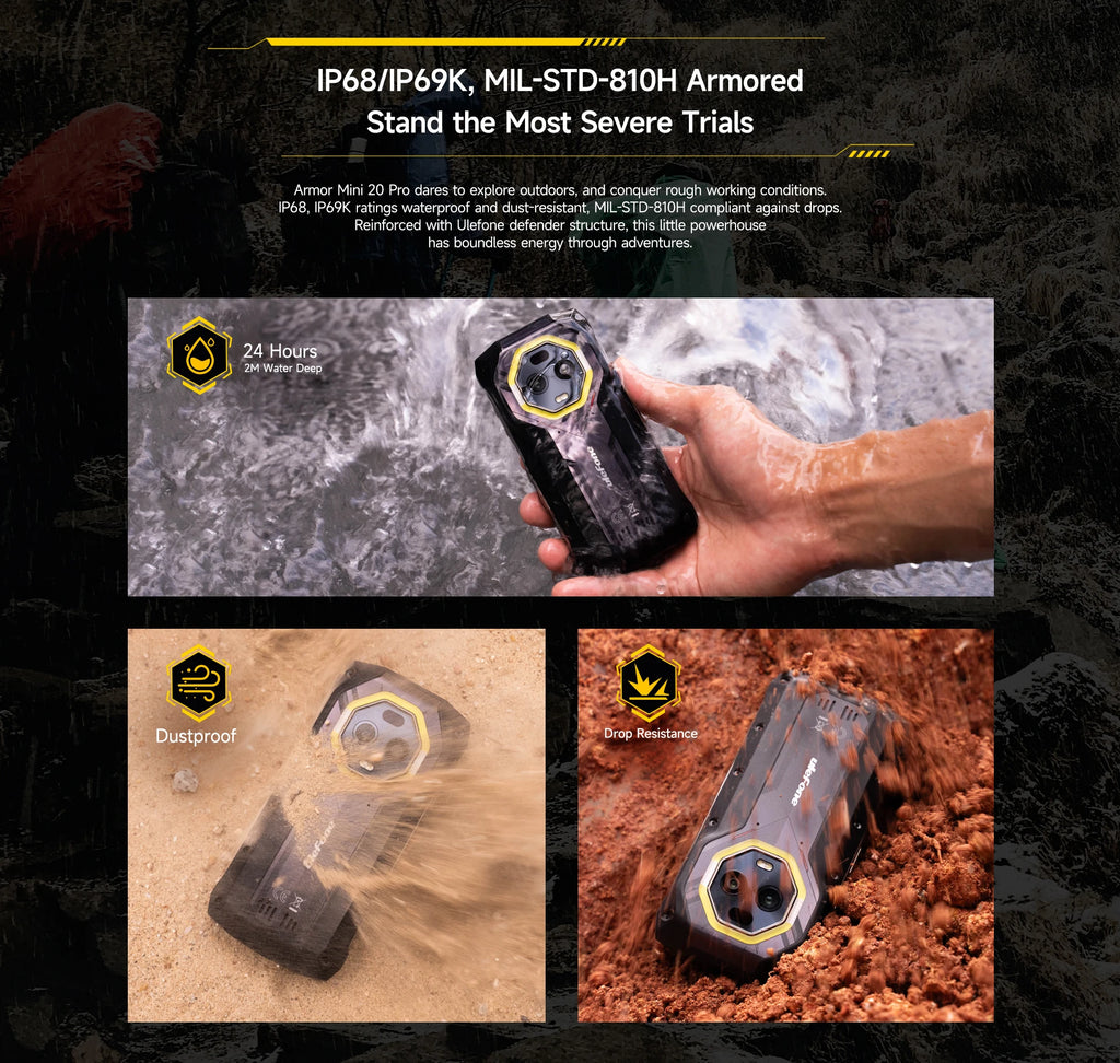 Ulefone Armor Mini 20 Pro 5G 4.7" Rugged Phone 64MP Night Camera  6200mAh Smartphone LED Light 16+256GB Android 14 Mobile phone