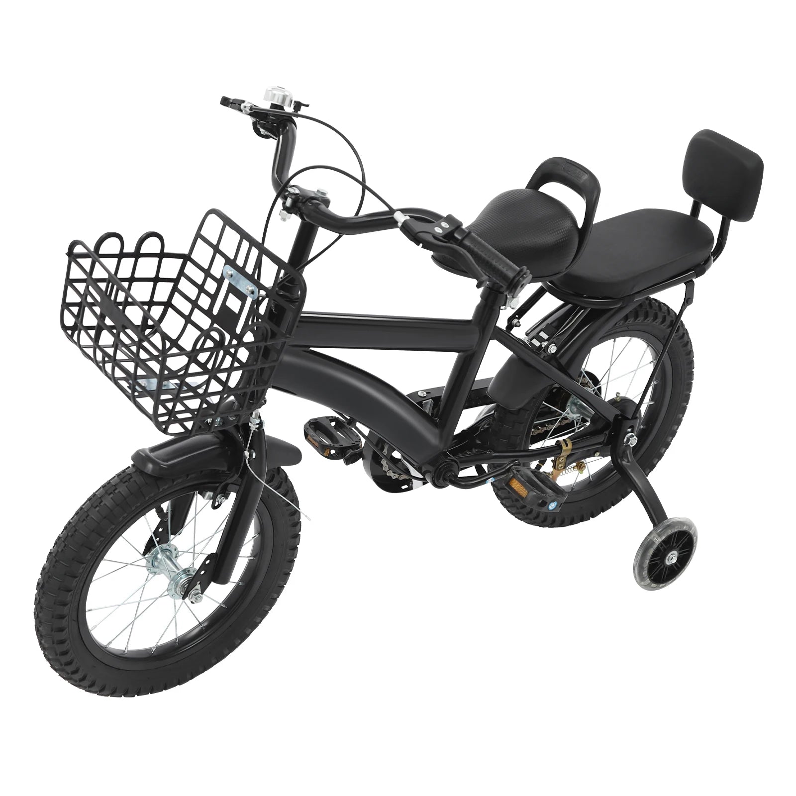 14" Kids Bike Adjustable Children's Bicycle Load 60kg w/Training Wheels+Basket+Backrest Rear Seat for 3-7 Year Old (White/Black)