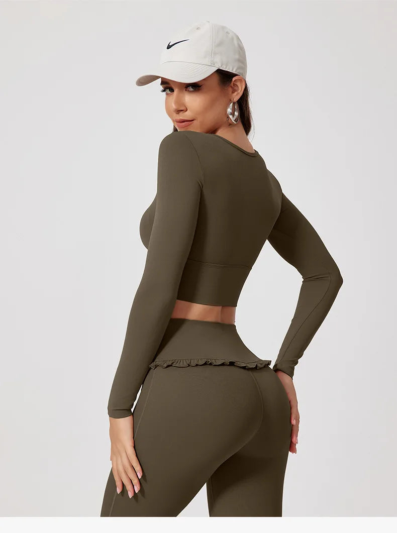 New Summer 2Pcs Women Gym Yoga Female Outfit Outdoor Sports Quick-Dry Long-Sleeved Shirt Set Woman Two-Piece Suit Sportswear