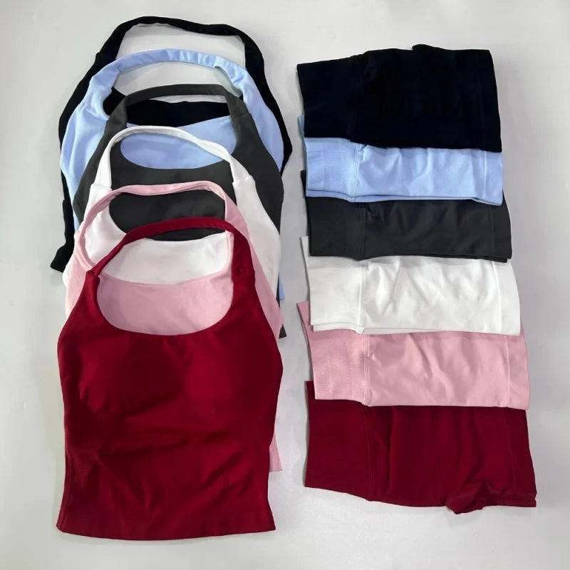 No Logo 2 Pieces Sports Set Women Backless Tank Tops High Waist Scrunch Seamless Shorts Gym Set Sportswear Workout Set Yoga Main image