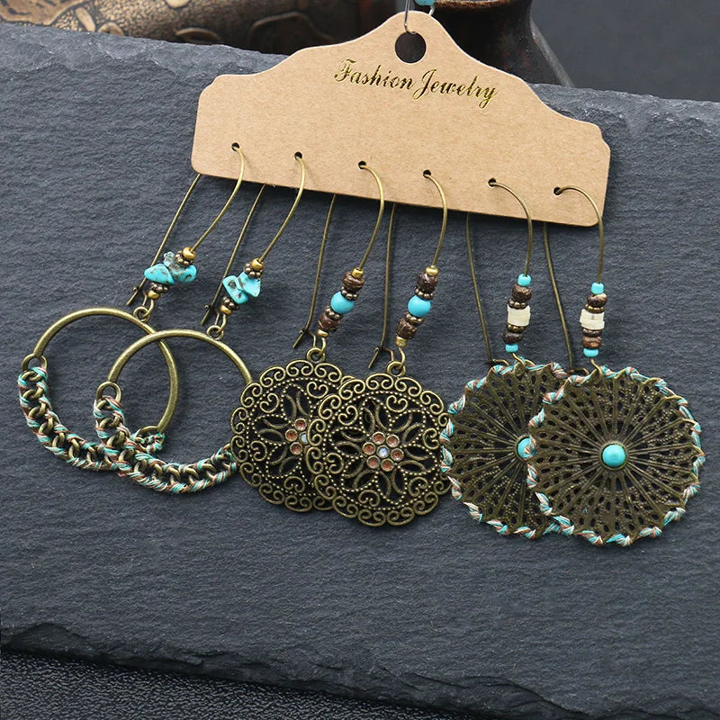 Boho 3Pcs/set Ethnic Leaf Bronze Earrings Set Vintage Hanging Earrings for Women Gypsy Statement Jewelry Accessories Pendientes