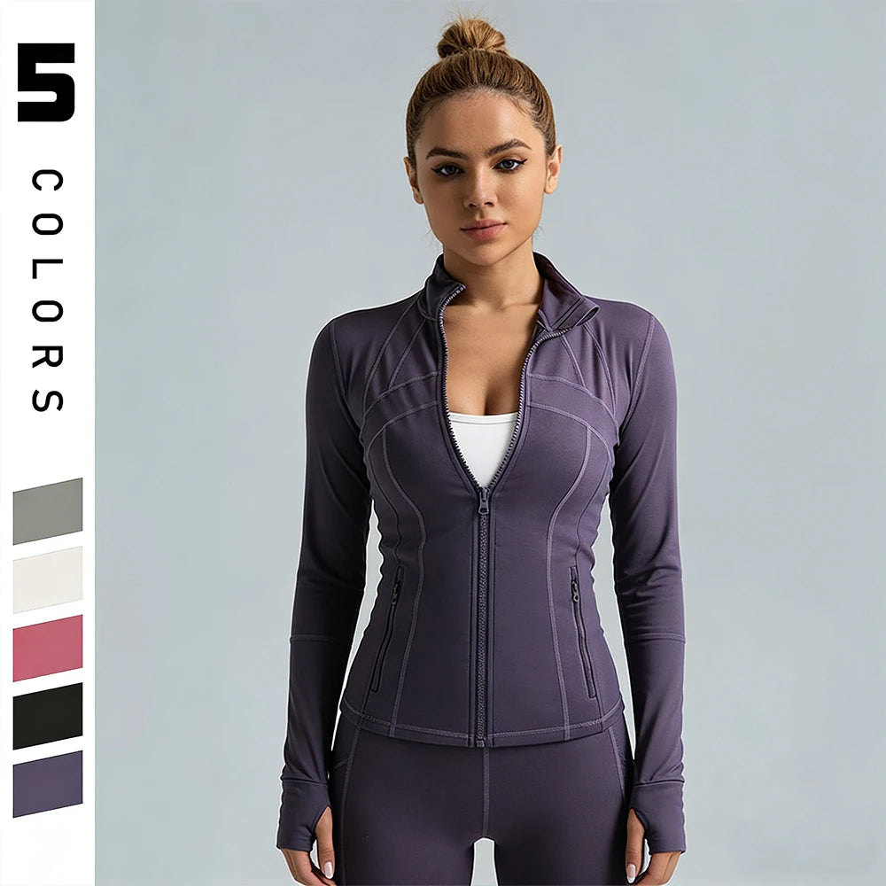 Women's Full-Zip Long Sleeve Yoga Jacket – Slim Fit Workout Jacket with Thumb Holes & Side Pockets, 5 Colors Available
