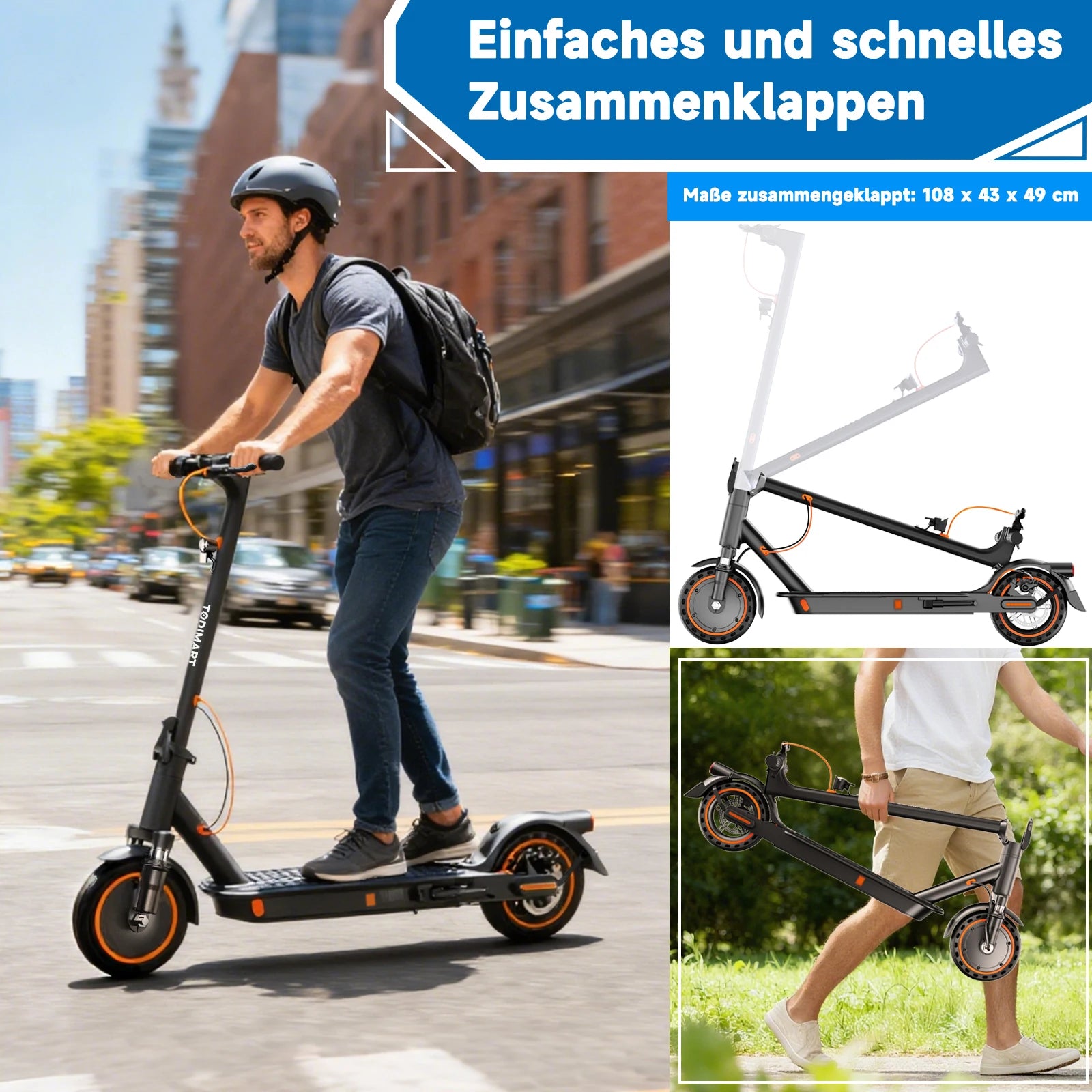 TODIMART T6 ABE E Scooter Mit Straßenzulassung, 30-35 km range, 350-500W brushless motor, dual brakes, and 8.5-inch run-flat tires
