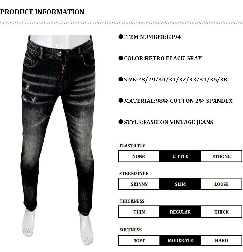 Street Fashion Men's Tight Black Grey Jeans Retro Elastic Slimming Split Style Jeans Men's Retro Designer Brand Jeans Hombre