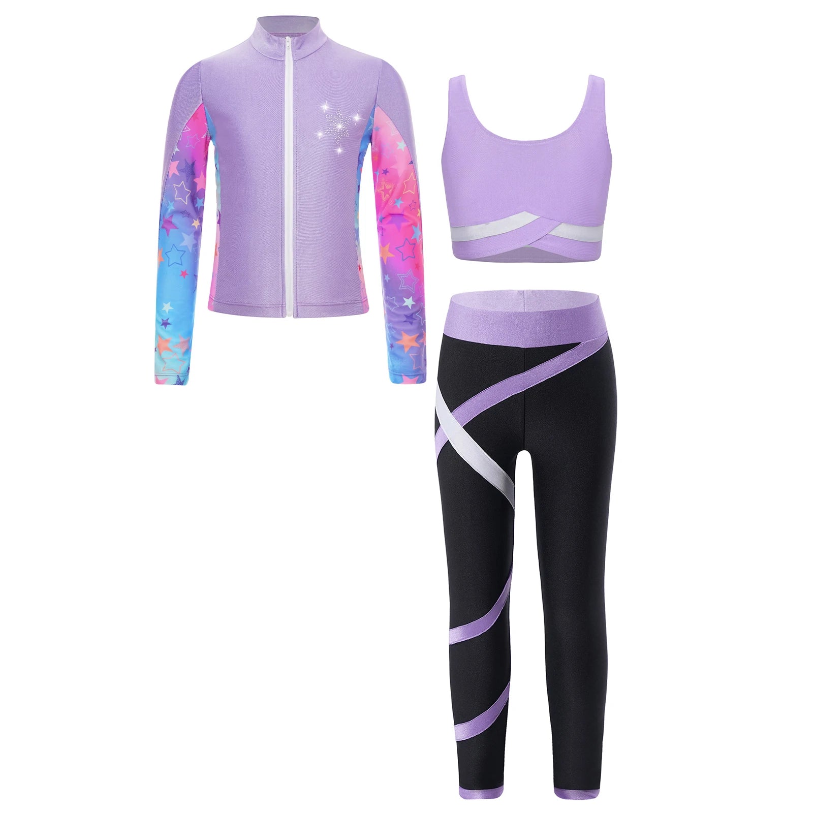 3Pcs Kids Girls Skating Athletic Fitness Workout Tracksuit Sleeveless Vest Top +Pants with Long Sleeve Zipper Sweatshirt Gym Set