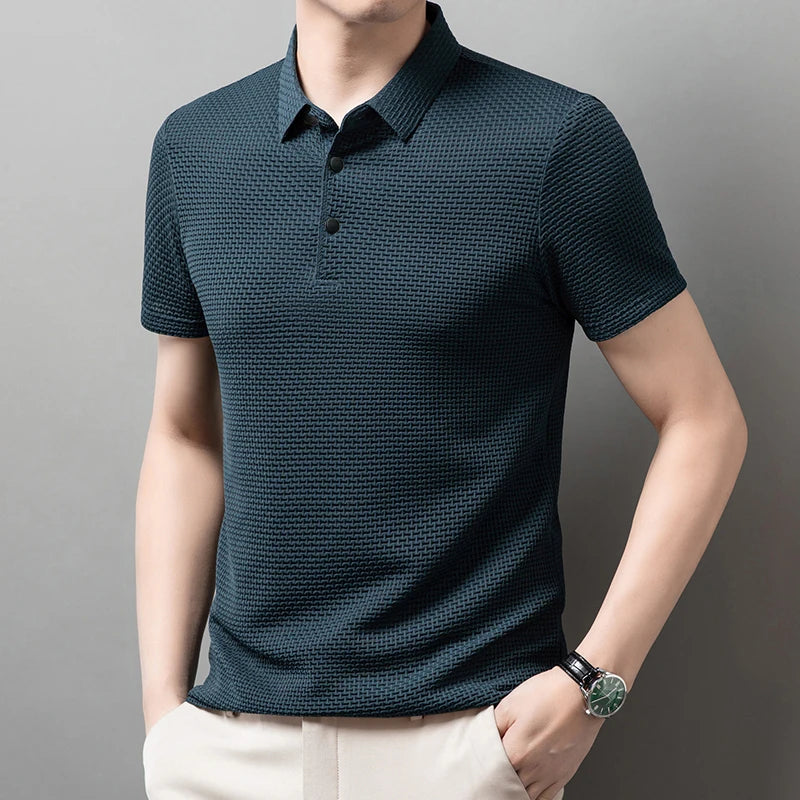 New Men's Business Casual Short Sleeved Bone Flower Solid Color POLO Shirt Fashion Breathable Comfortable Summer Versatile Top