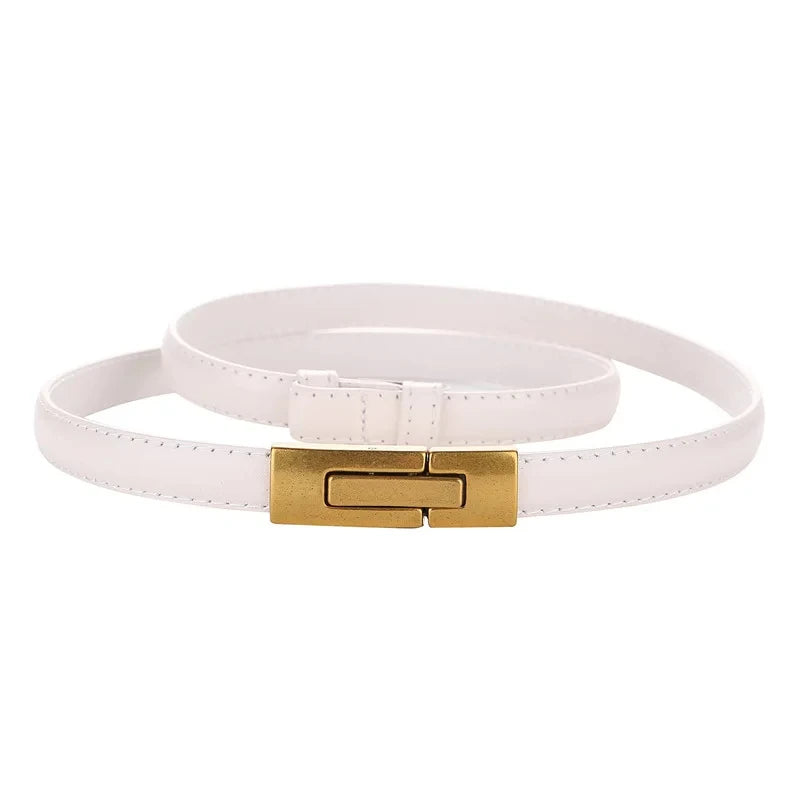 Adjustable Women’s Skinny Thin Belt, Classic Solid Color Genuine Leather Waistband for Trendy Coats and Dresses