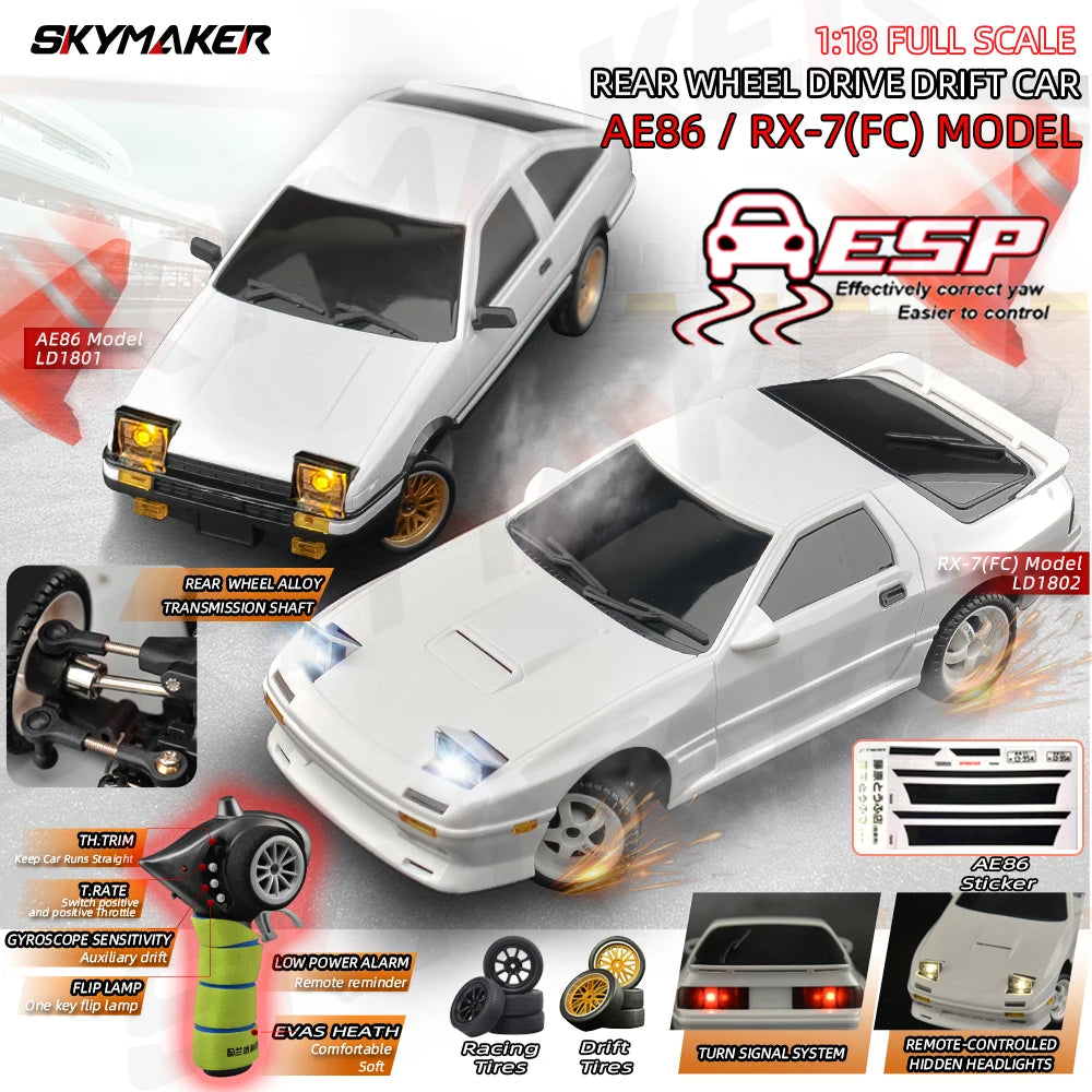 Skymaker AE86 Model LD1801 RX-7 FC LD1802 1:18 RC Drift Car 1/18 2.4G Remote Control ESP Gyroscope LED Mini RC Racing Car Toys Main image