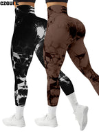 CZGUKE 2-piece women's tie dye pants sports leggings seamless high waisted push ups women's fitness and exercise clothes