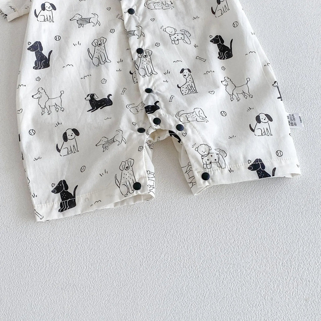 0-2Y Summer Baby Boy Clothes Full Of Dog Print Single Breasted Toddler Rompers Short Sleeve Cute Baby Boy Outfit