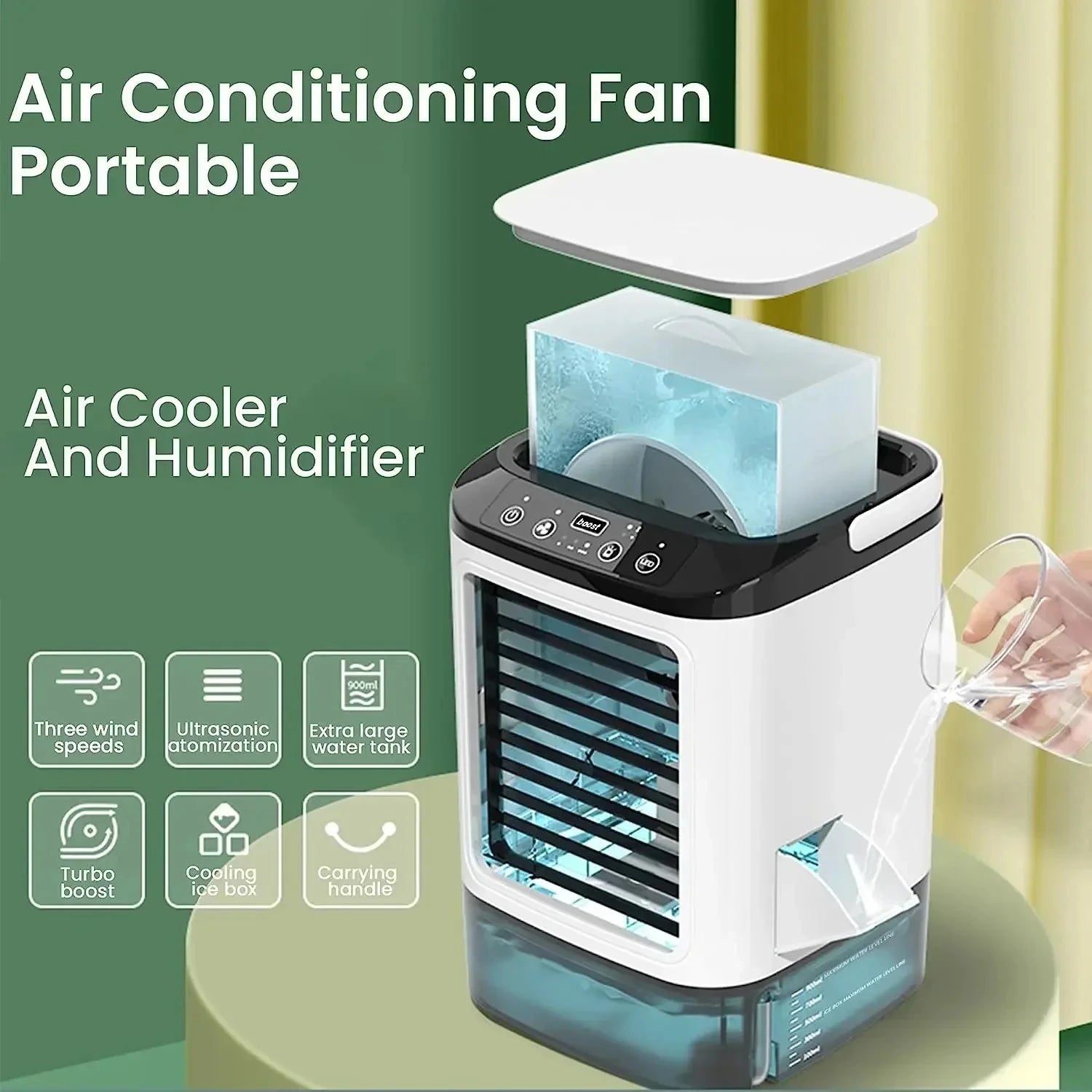 Portable Air Conditioner 3 Speed Mini AC Unit With Dual Mist Ice Box 900ML Water Tank Humidifier For Bedroom Office Main image