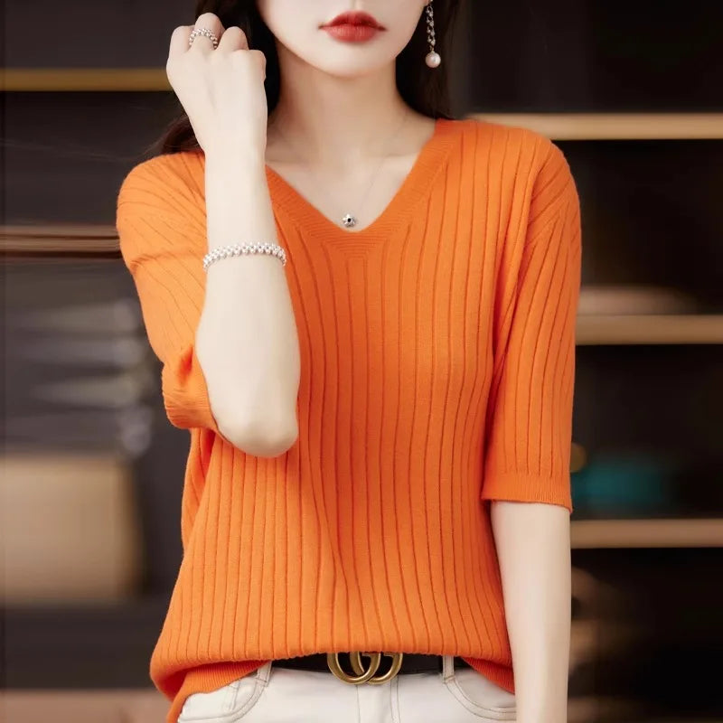 Women's Sweater Spring Summer Short Sleeve V-neck Knit Shirt Casual Korean Pullovers Stripe Bottoming Shirt Slim Fit Jumpers Secondary image
