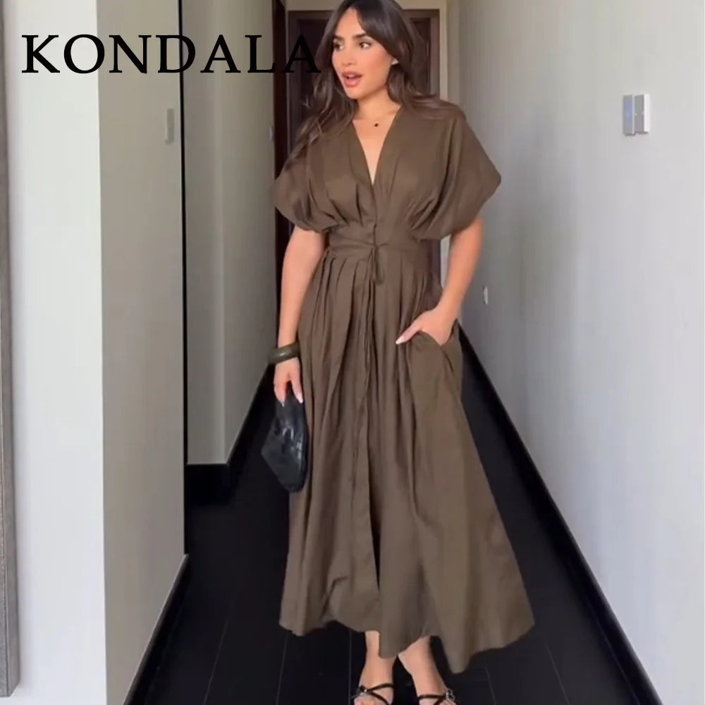 KONDALA 2026 Spring Summer Vintage Women Dress Fashion Single Breasted Sashes Draped V Neck Sleeveless Chic Brown Ladies Dresses Secondary image