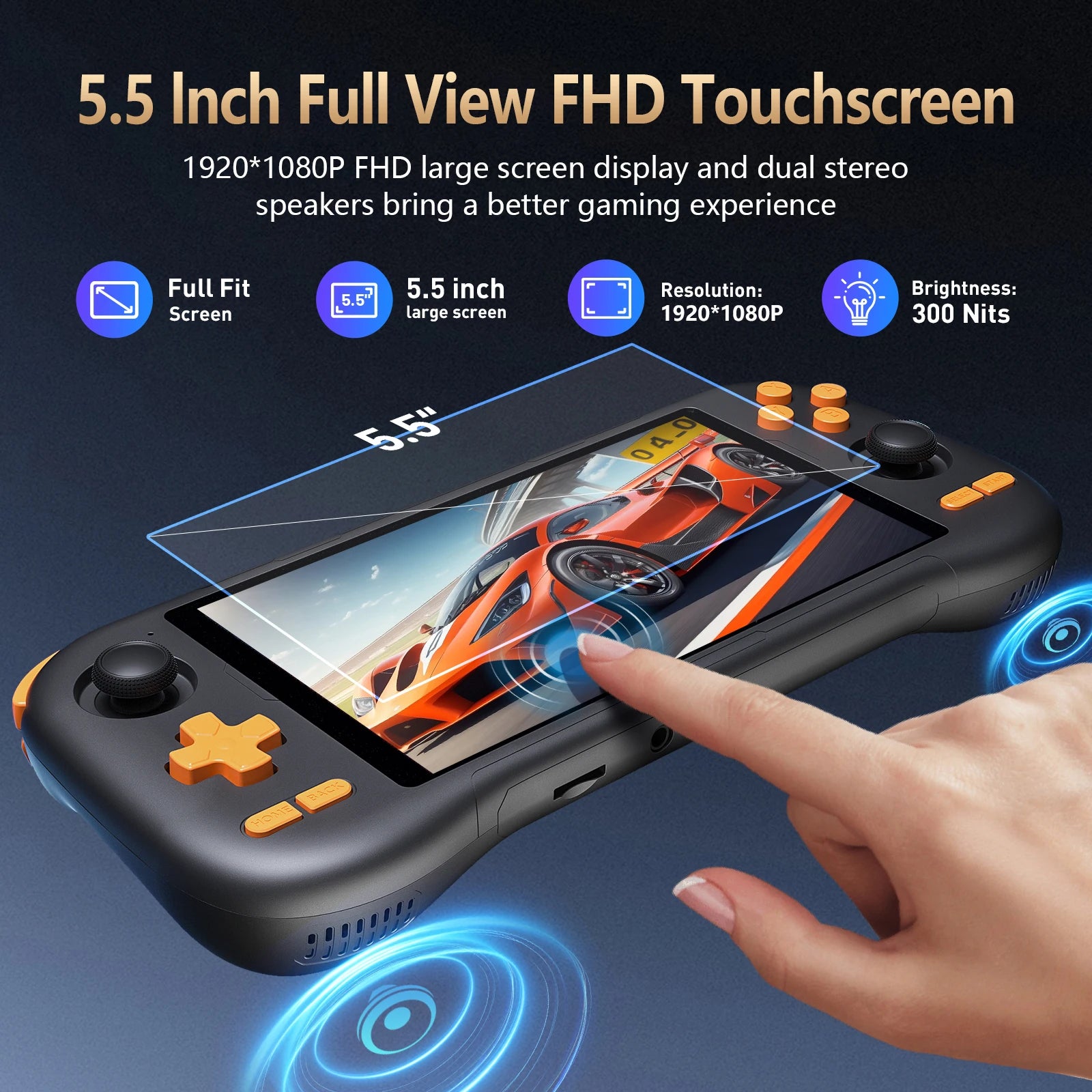 K56 Android 14 portable gaming console with 5.5-inch touchscreen and over 50 retro video game emulators for DC/MAME/SS