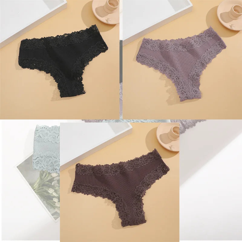 FINETOO 3Pcs Women Cotton Underwear Panties Sexy Lace Brazilian Briefs Low Waist Floral Solid Color G-string Breathable Lingerie