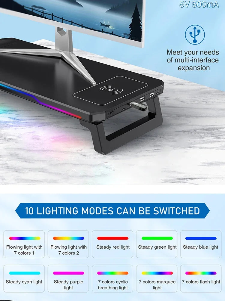 RGB Light Effect Rechargeable Desktop Monitor Height Stand 3 USB 2.0 Port Universal Laptop Storage Rack With Wireless Charging