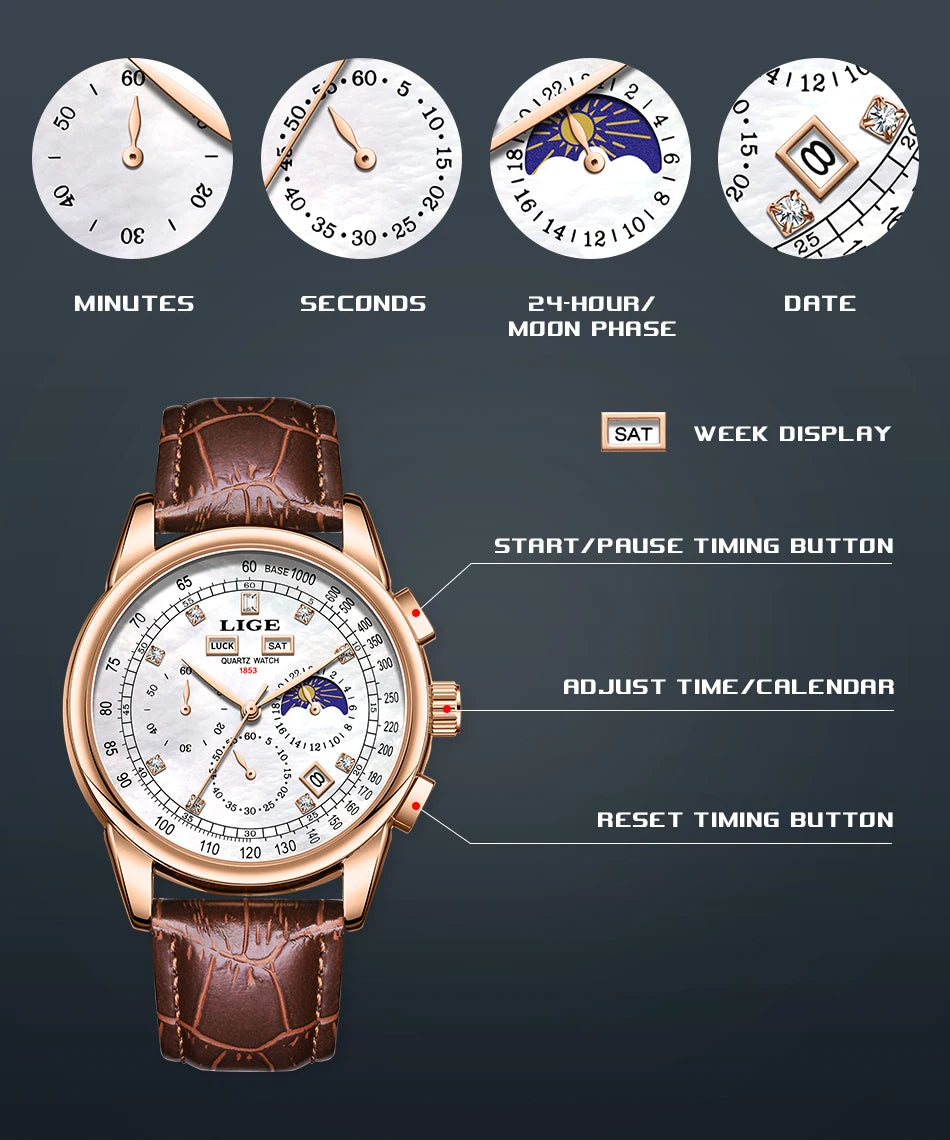 LIGE Retro Elegant Quartz Women's Wristwatches Simple Diamond Dial Fashion Casual Outdoor Date Waterproof Moon Phase Woman Watch