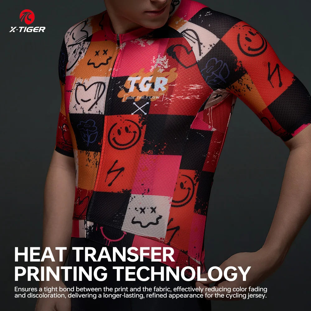 X-TIGER Summer Men's Cycling Jersey Short Sleeve Slim Fit GRAFFITI ART STYLE Breathable Maillot for Mountain Road Bike Pro